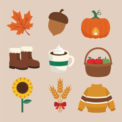 Autumn items : maple leaf, acorn, pumpkin, boots, hot drink, fruit basket, sunflower, wheat, and a sweater.