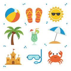 Summer vacation icons: beach ball, flip flops, sun, palm tree, cocktail, umbrella, sandcastle, snorkel, crab.