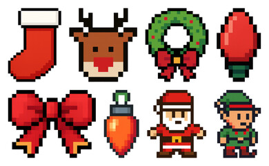 PNG Festive pixel art icons collection, element set on transparent background