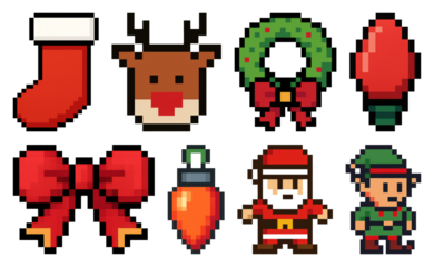 PNG Festive pixel art icons collection, element set on transparent background
