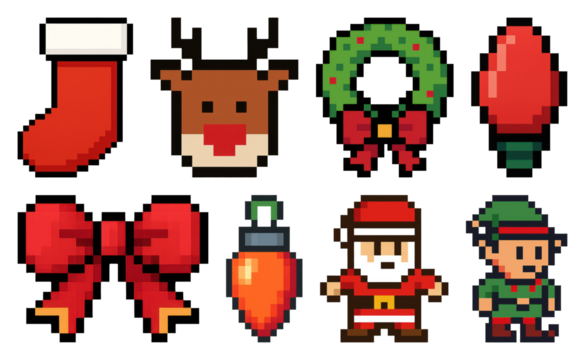 PNG Festive pixel art icons collection, element set on transparent background