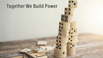 Together We Build Power with Stacked Wooden Dominoes on Table