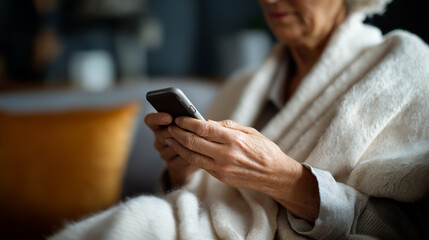 Senior woman using smartphone while relaxing at home side angle with head turned away close on hands and phone soft throw blanket texture independence faceless no visible