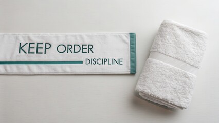 White Towel with Inspirational Message of Order and Discipline