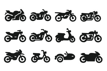 Obraz premium Various Motorcycle Icons. Solid style icons of Motorcycles and bikes: sport bike, cruiser, dirt bike, touring bike, electric
