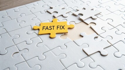Yellow Puzzle Piece with Fast Fix Text on Incomplete Jigsaw Puzzle