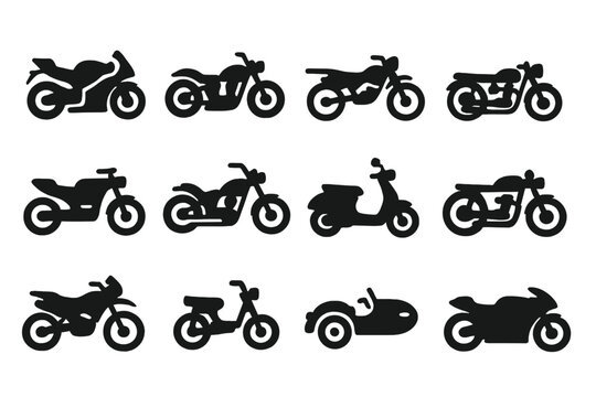 Various Motorcycle Icons. Solid style icons of Motorcycles and bikes: sport bike, cruiser, dirt bike, touring bike, electric