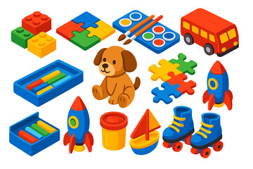 Obraz premium Bright Creative Toys. Isometric vector illustration set Creative Kids and Play: lego-style bricks, jigsaw puzzle, watercolor