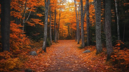 Obraz premium A scenic autumn forest path with vibrant orange leaves covering the ground