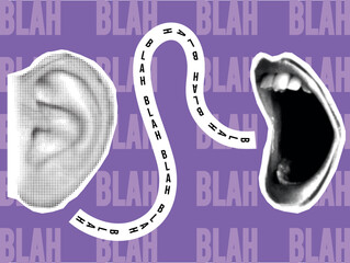 Pop art halftone style mouth with ear and lips illustration communicating. Mouth speaks into ear and strip with text.  Speaking sounds vector illustration