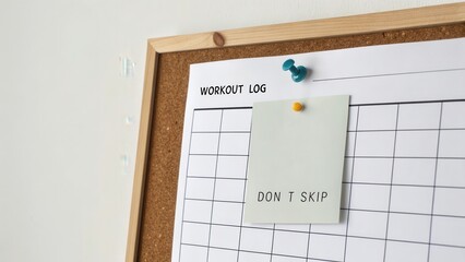 Workout Log with Motivational Note on Corkboard Surface