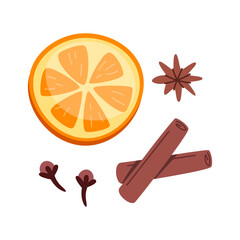 Winter spices, cinnamon sticks, star anise, dried orange slices, cloves. Flavor ingredients, seasonings.