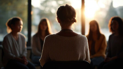 Therapist leading teen group counseling in circle back view of therapist teens in silhouette side angles therapy room defocused mental health support faceless no visible face