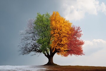 Tree divided into four sections representing seasons with blooming white flowers for spring, lush green for summer, vibrant yellow for autumn, and deep red for wintry contrasts against a cloudy sky