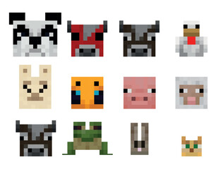 Set Pixel animals Vector Illustration. Cow, panda, chicken, lama, bee, frog, sheep, bunny, cat