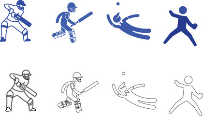 Comprehensive Cricket Player Icon Set: Batsman, Fielder, Bowler in Flat & Outline Styles