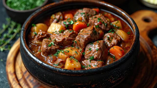 Savoring a hearty beef stew with vegetables cooked in a rustic kitchen during fall season