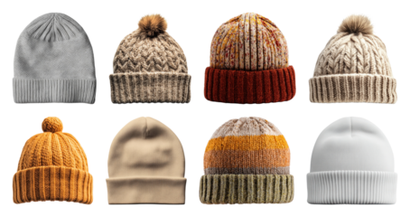 PNG Stylish knitted beanie collection, element set on transparent background