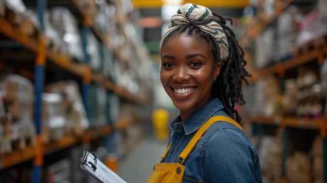 Woman working in a warehouse showcasing professionalism while managing logistics tasks and interacting with inventory in an organized environment