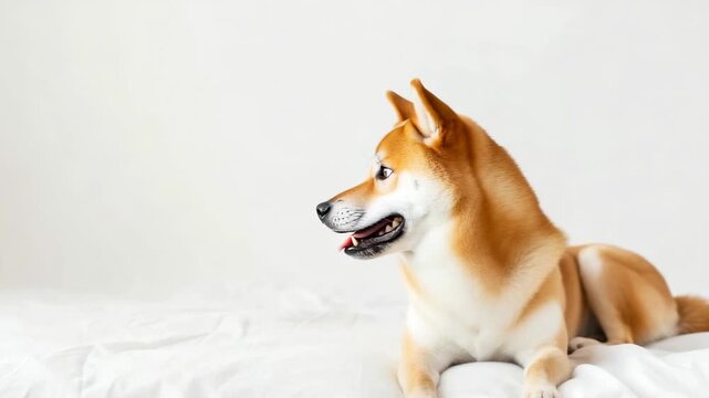 Happy shiba inu relaxing on soft white blanket and enjoying a cozy afternoon indoors with a playful expression