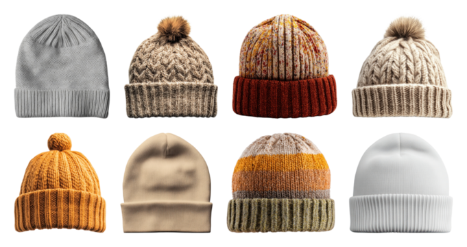 PNG Stylish knitted beanie collection, element set on transparent background