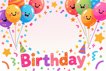 Vibrant, cartoon-style illustration featuring balloons, confetti, and party hats around the word birthday on a soft pink background.