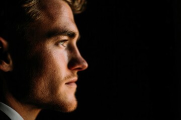 Fototapeta premium Young man profile portrait with soft lighting highlighting strong features in dark setting, dressed in dark jacket, conveying depth and contemplation with expressive eyes and tousled hair