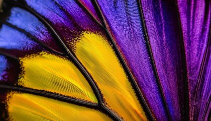 a macro photo a background of a purple and yellow wing of a butterfly