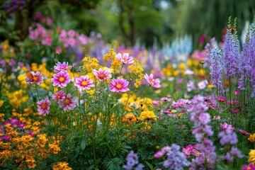 Obraz premium Colorful garden blooms featuring vibrant flowers with pink petals and yellow centers, surrounded by a palette of orange, yellow, and purple flowers, showcasing nature's beauty