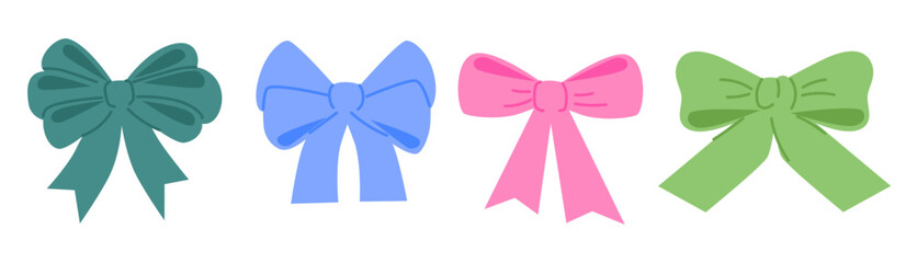 Ribbon bows set. Festive holiday decoration tapes with knot and soft folds. Decorative tie. Gift tying decor, accessory.