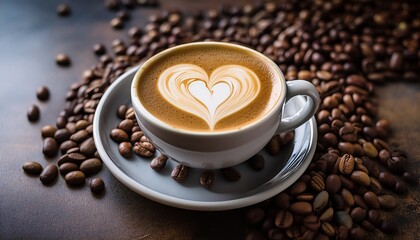 savoring heart shaped latte art a cozy coffee experience amidst roasted coffee beans