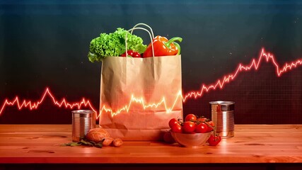 Grocery bag with rising trend price data graph: Economy Inflation Cost of Living Expense Financial Crisis Spending Problem 2D Illustration - Powered by Adobe