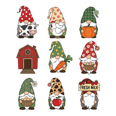 Collection of nine adorable and festive gnome characters with various farm themed outfits and accessories