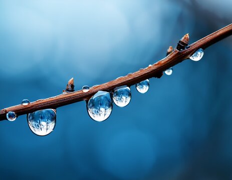 close up of water droplets on thin branch against blurred blue background