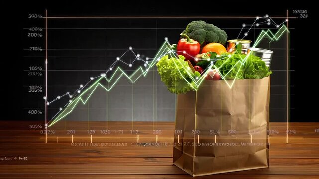 Grocery bag with rising price data graph: Economy Inflation Cost of Living Shopping Expense Financial Crisis Spending Problem