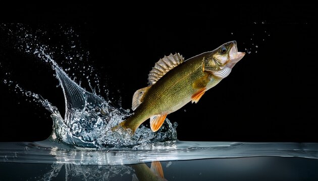 bass jumping in water with splash on black background - Powered by Adobe
