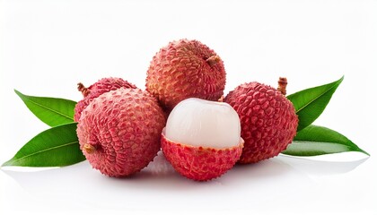 incredible ripe lychees whole and with cut skin and fresh foliage isolated on white background