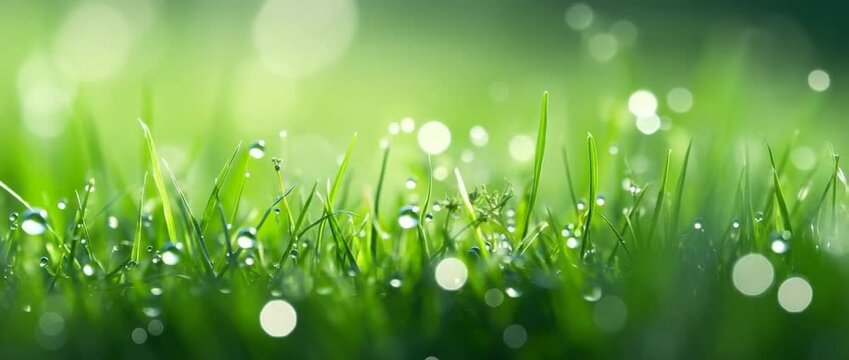 Morning dew glistens on vibrant green grass in a serene early spring landscape at dawn