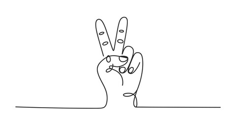Obraz premium Minimalist continuous one line art drawing of a hand showing the peace sign gesture with artistic sketchy details. vector