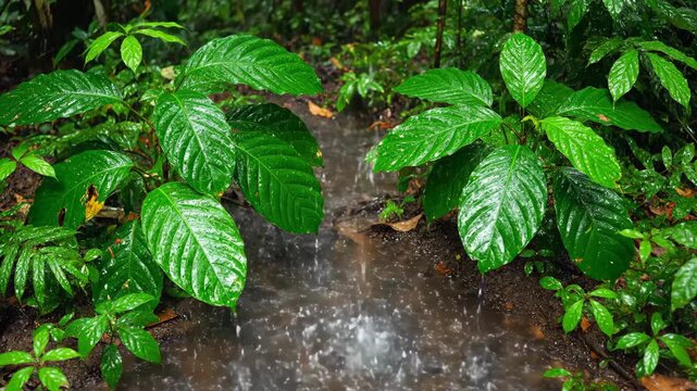 Slow motion tropical rain heavily splashes onto the rich rainforest ground creating intricate patterns downpour, fresh, heavily splashes