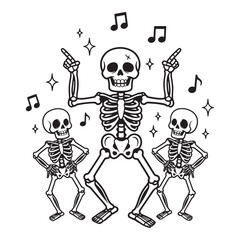 Three happy dancing skeletons with musical notes and sparkles celebrating a fun festive occasion