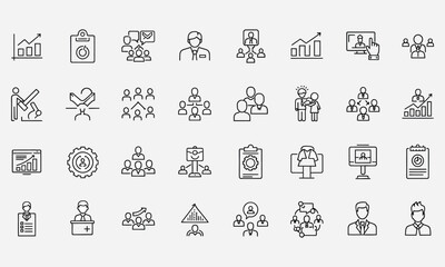 Collection of Line Icons Illustrating Business, Leadership, and Management Concepts