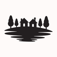 Silhouettes of houses on a hill with trees and water reflection, representing a serene residential landscape, perfect for real estate and community themes