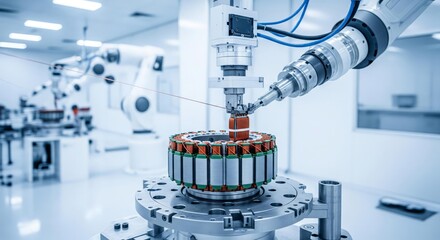 Robotic arms precisely assembling a complex electrical component within a bright, sterile industrial setting.