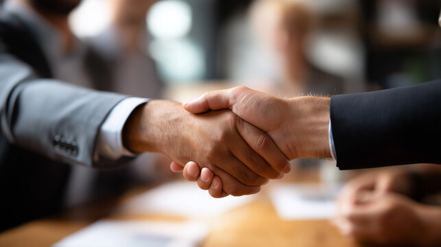 Business professionals shaking hands in formal meeting tight crop on hands and sleeves torsos in frame boardroom blurred partnership agreement corporate deal professional