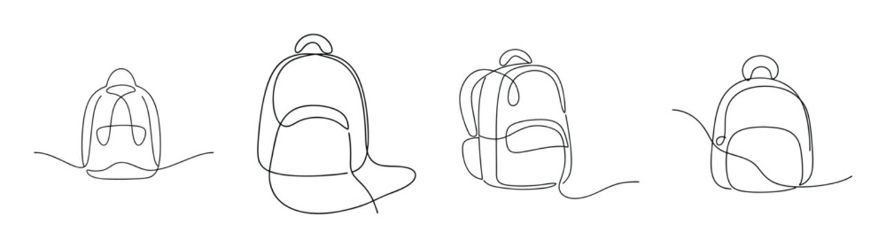 Four detailed pencil sketch drawings of various backpack styles and designs