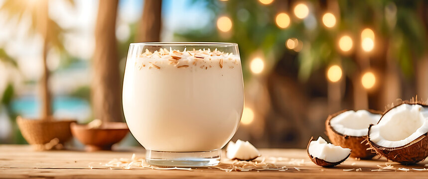 
A creamy glass of traditional Puerto Rican coquito or coconut holiday drink on a rustic wooden table with fresh coconut pieces and toasted flakes. Caribbean Christmas atmosphere with copy space..