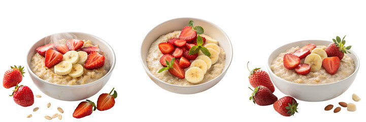 Set of Cooked oatmeal with strawberries and banana slices isolated on a transparent background