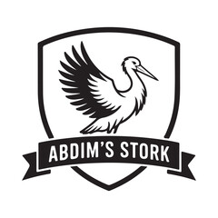 Obraz premium A black and white logo featuring a Abdim's stork inside a shield with a banner white background