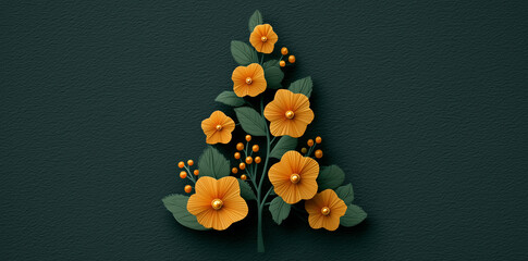 Stylized 3D paper flowers with green leaves and orange berries on dark textured background. Elegant botanical illustration, modern graphic resource.